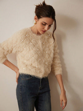 Prive elegante cardigan de punto con cuello en v, estampado de argyle de strass y apariencia de piel de vison sintetica para mujeres
