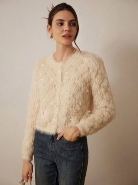 Prive elegante cardigan de punto con cuello en v, estampado de argyle de strass y apariencia de piel de vison sintetica para mujeres