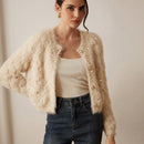 Prive elegante cardigan de punto con cuello en v, estampado de argyle de strass y apariencia de piel de vison sintetica para mujeres