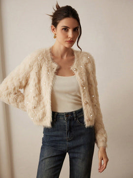 Prive elegante cardigan de punto con cuello en v, estampado de argyle de strass y apariencia de piel de vison sintetica para mujeres