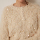 Prive elegante cardigan de punto con cuello en v, estampado de argyle de strass y apariencia de piel de vison sintetica para mujeres