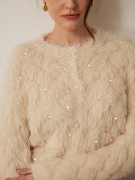 Prive elegante cardigan de punto con cuello en v, estampado de argyle de strass y apariencia de piel de vison sintetica para mujeres
