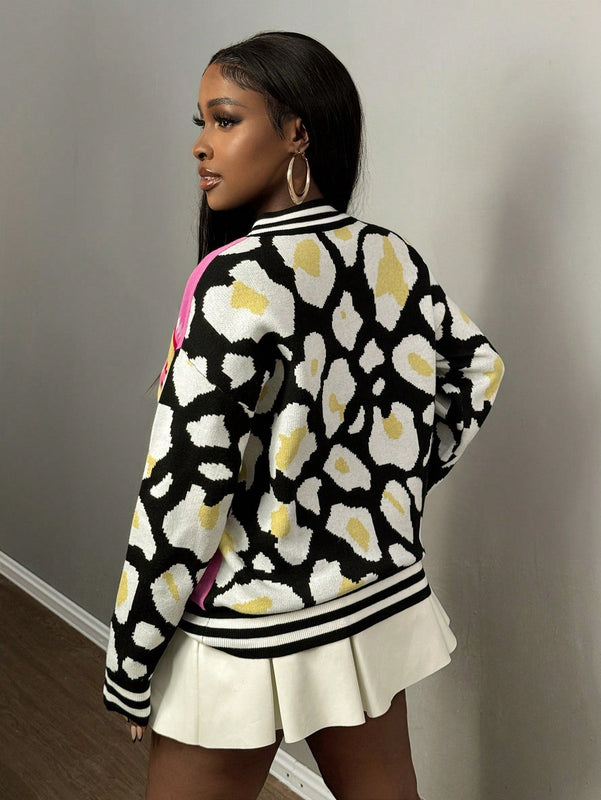 Slayr cardigan de punto con bloque de color y letras de estilo minimalista y casual