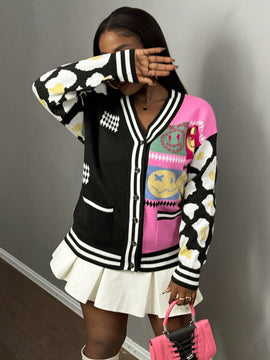 Slayr cardigan de punto con bloque de color y letras de estilo minimalista y casual