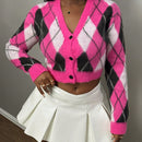 Slayr nuevo abrigo de mujer tipo chaqueta de punto con cuello en v, hombros anchos, manga larga, diseno troncoconico a cuadros con contraste de color rosa rojo, estilo universitario casual para otono e invierno