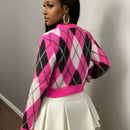 Slayr nuevo abrigo de mujer tipo chaqueta de punto con cuello en v, hombros anchos, manga larga, diseno troncoconico a cuadros con contraste de color rosa rojo, estilo universitario casual para otono e invierno