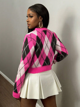 Slayr nuevo abrigo de mujer tipo chaqueta de punto con cuello en v, hombros anchos, manga larga, diseno troncoconico a cuadros con contraste de color rosa rojo, estilo universitario casual para otono e invierno