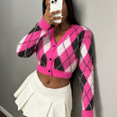 Slayr nuevo abrigo de mujer tipo chaqueta de punto con cuello en v, hombros anchos, manga larga, diseno troncoconico a cuadros con contraste de color rosa rojo, estilo universitario casual para otono e invierno