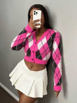 Slayr nuevo abrigo de mujer tipo chaqueta de punto con cuello en v, hombros anchos, manga larga, diseno troncoconico a cuadros con contraste de color rosa rojo, estilo universitario casual para otono e invierno