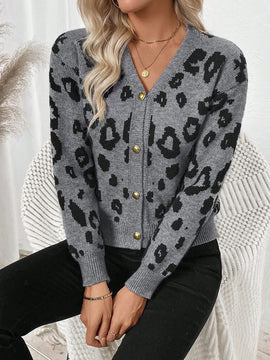 Lune cardigan de mujer con estampado retro de leopardo, de una sola hilera de botones