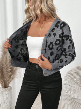 Lune cardigan de mujer con estampado retro de leopardo, de una sola hilera de botones