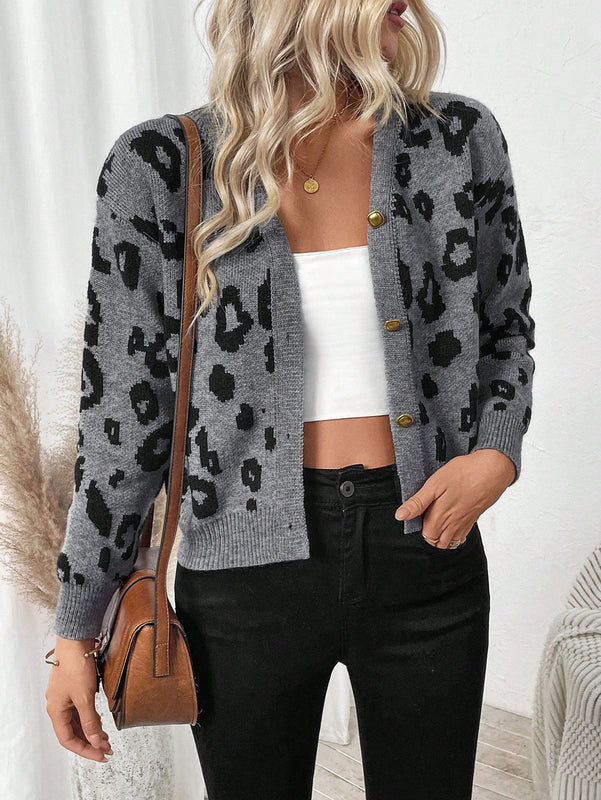 Lune cardigan de mujer con estampado retro de leopardo, de una sola hilera de botones