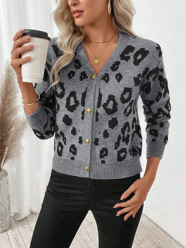 Lune cardigan de mujer con estampado retro de leopardo, de una sola hilera de botones