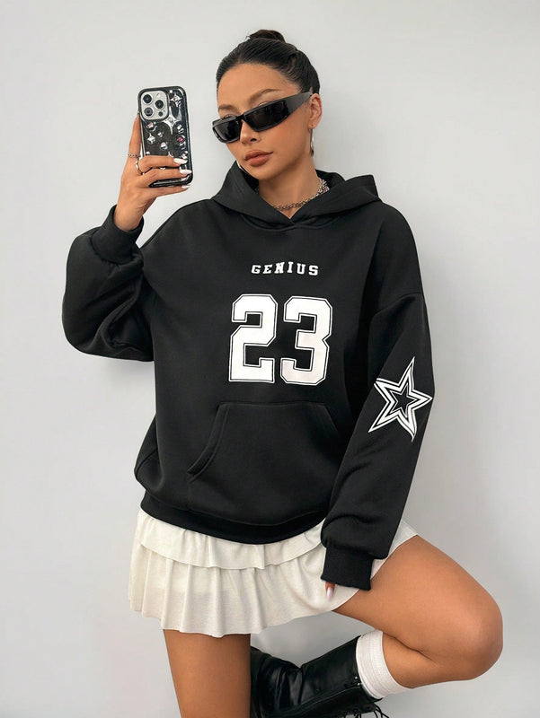 Coolane sudadera casual con capucha negra minimalista con estampado de letras para mujer