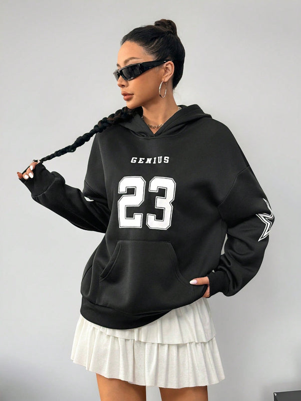 Coolane sudadera casual con capucha negra minimalista con estampado de letras para mujer