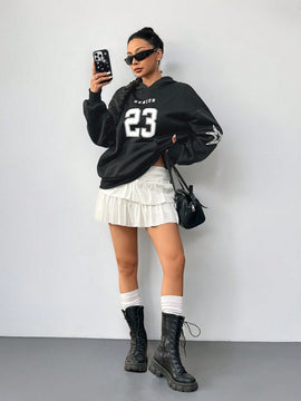 Coolane sudadera casual con capucha negra minimalista con estampado de letras para mujer