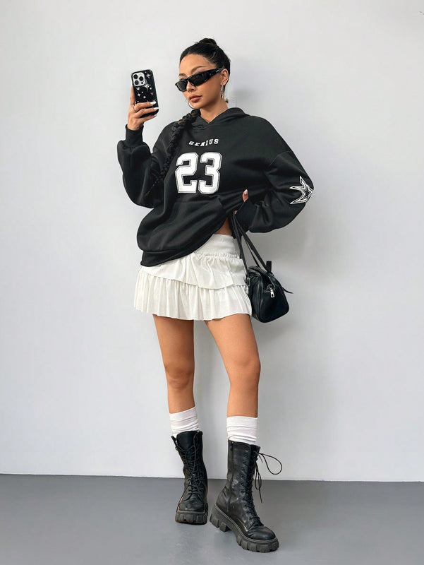 Coolane sudadera casual con capucha negra minimalista con estampado de letras para mujer