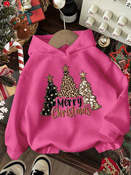Ezwear jersey holgado de manga larga con estampado de arbol de navidad y texto "feliz navidad" en estilo minimalista y vintage con estampado de leopardo, para mujer