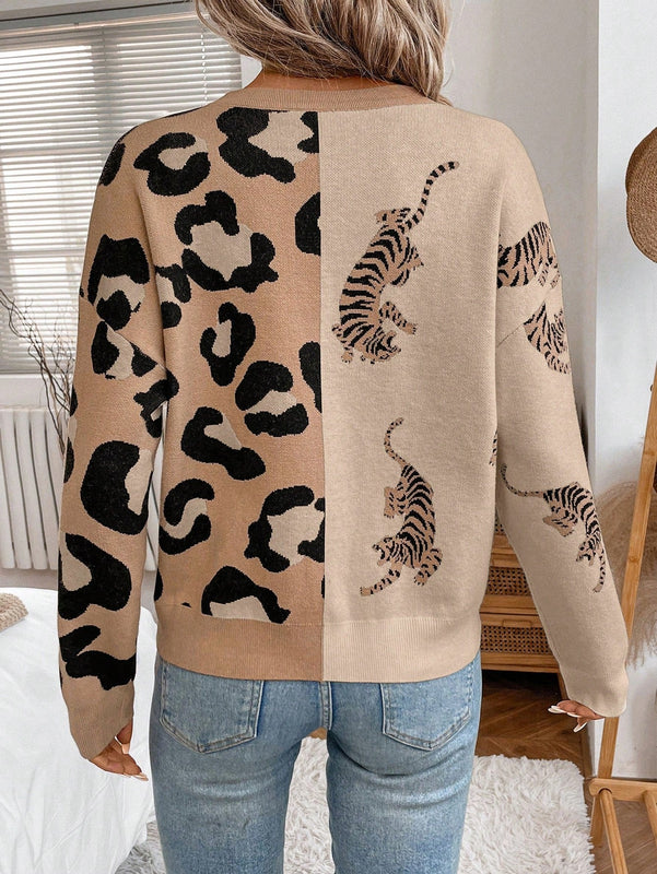 Lune cardigan de manga larga casual con estampado de leopardo y tigre para mujer, tejido basico para uso diario, otono/invierno