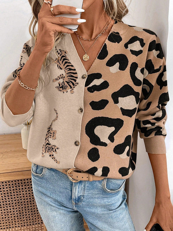 Lune cardigan de manga larga casual con estampado de leopardo y tigre para mujer, tejido basico para uso diario, otono/invierno
