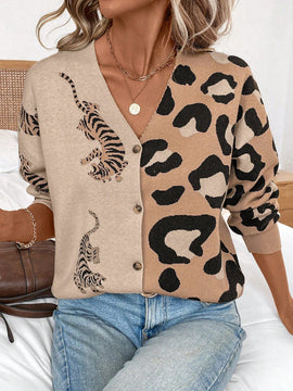 Lune cardigan de manga larga casual con estampado de leopardo y tigre para mujer, tejido basico para uso diario, otono/invierno