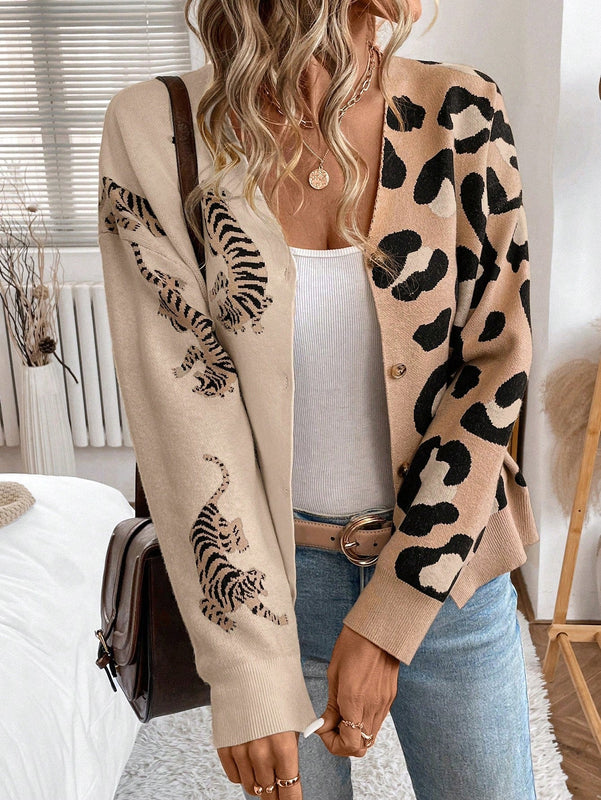 Lune cardigan de manga larga casual con estampado de leopardo y tigre para mujer, tejido basico para uso diario, otono/invierno