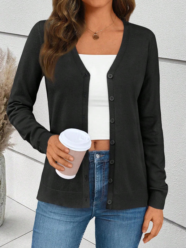 Sueter tipo cardigan de punto de manga larga para mujer, basico, cuello en v, botones, prendas de punto, tops de invierno