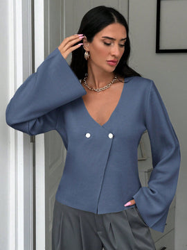 Cardigan de mujer de unicolor con cuello en v, botones delanteros y hombros caidos