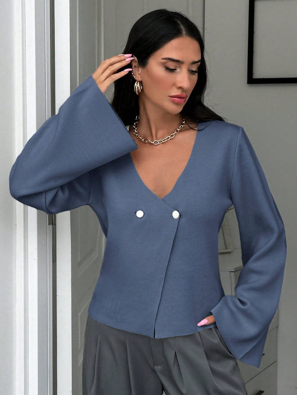 Cardigan de mujer de unicolor con cuello en v, botones delanteros y hombros caidos