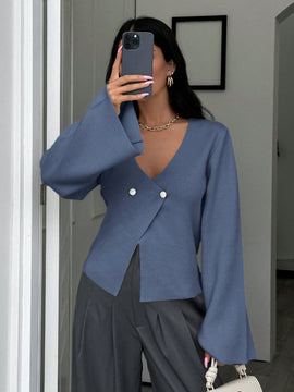 Cardigan de mujer de unicolor con cuello en v, botones delanteros y hombros caidos
