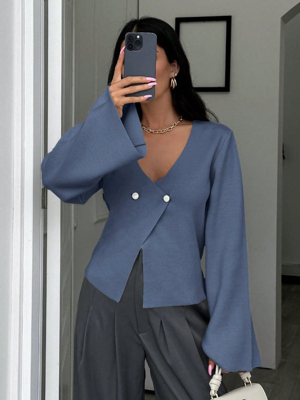 Cardigan de mujer de unicolor con cuello en v, botones delanteros y hombros caidos