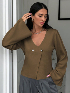 Cardigan de mujer de unicolor, con cuello en v, abotonadura delante y hombros caidos
