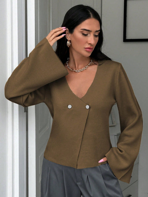 Cardigan de mujer de unicolor, con cuello en v, abotonadura delante y hombros caidos