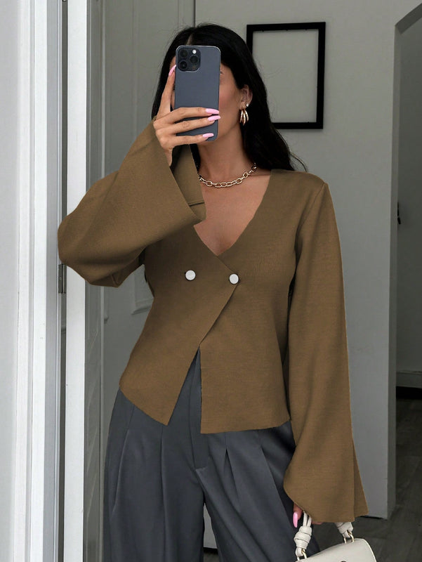 Cardigan de mujer de unicolor con cuello en v, botones delanteros y hombros caidos