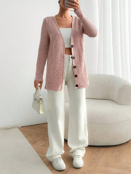 Cardigan de invierno con cuello en v y textura detallada para mujer