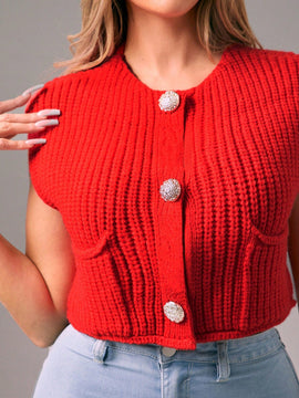 Foxxy cardigan corto informal sin mangas de apertura frontal para mujer, unicolor, otono