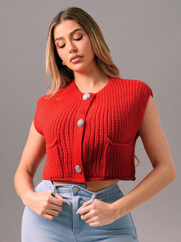 Foxxy cardigan corto informal sin mangas de apertura frontal para mujer, unicolor, otono