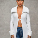 Bae blazer de manga larga con cuello afelpado de unicolor y parches, chaqueta para mujer en otono/invierno, sueteres de otono, ropa de mujer de invierno, sueter oversize, ropa y2k, sueter tipo cardigan estilo renacimiento