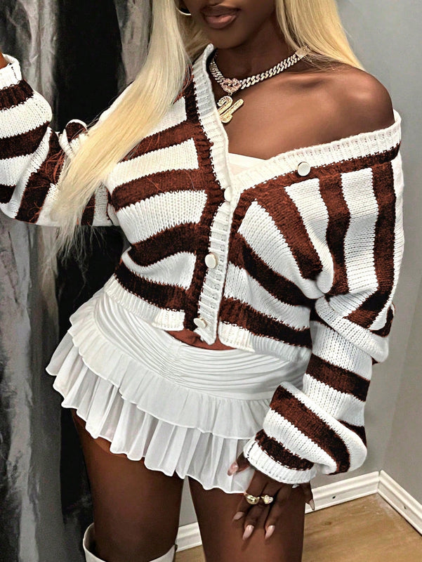 Bamgleam chaqueta de punto de manga larga para mujer, cardigan de botones en blanco y negro a rayas horizontales, con corte sexy y suelto, perfecto para reuniones con amigas, uso en todas las estaciones, ropa de mujer para otono e invierno