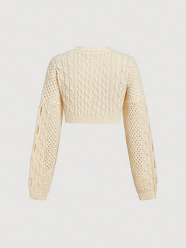 Mod cardigan amarillo de punto grueso con textura de nudo y floral para mujer
