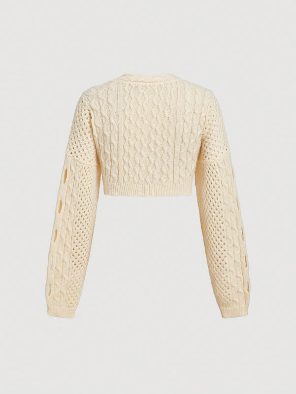 Mod cardigan amarillo de punto grueso con textura de nudo y floral para mujer
