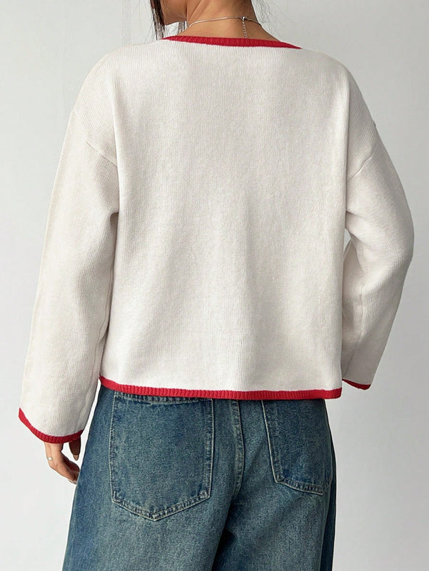 Ezwear blusa casual de manga larga con cordones y ribetes de color contrastante para mujer