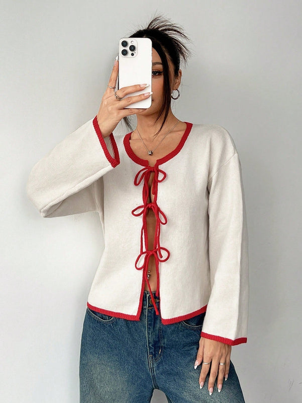 Ezwear blusa casual de manga larga con cordones y ribetes de color contrastante para mujer