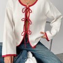 Ezwear blusa casual de manga larga con cordones y ribetes de color contrastante para mujer