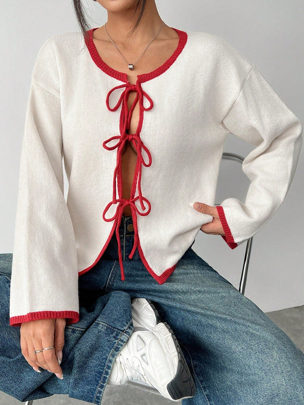 Ezwear blusa casual de manga larga con cordones y ribetes de color contrastante para mujer