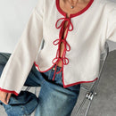 Ezwear blusa casual de manga larga con cordones y ribetes de color contrastante para mujer