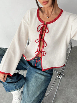 Ezwear blusa casual de manga larga con cordones y ribetes de color contrastante para mujer