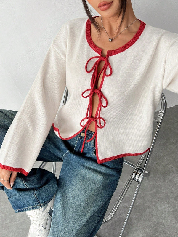 Ezwear blusa casual de manga larga con cordones y ribetes de color contrastante para mujer