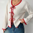 Ezwear blusa casual de manga larga con cordones y ribetes de color contrastante para mujer