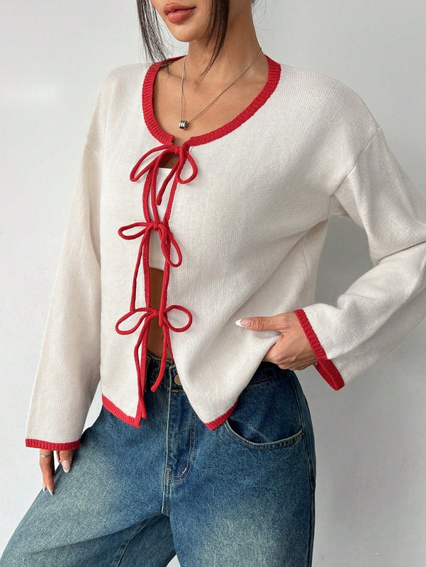 Ezwear blusa casual de manga larga con cordones y ribetes de color contrastante para mujer